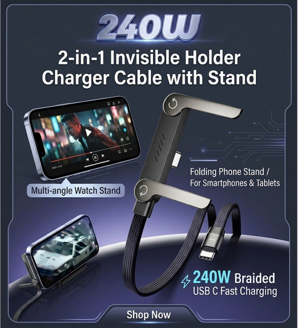 2-in-1 Invisible Holder Charger Cable, 240W Portable Fast Charging Cord with Built-in Phone Stand