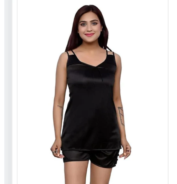 Satin Nightdress Set for Women (Black, M)