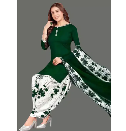 Crepe Printed Dress Material for Women & Girls (White & Green)